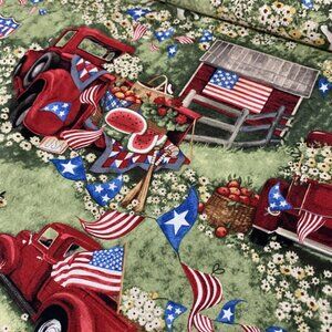 PATRIOTIC PICNIC CP51811 Susan Winget NEW BTY Cotton Fabric Truck Dog Daisy Flag